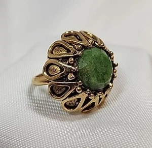 Vintage Uncas Nephrite Jade Ring 10k Gold Electroplate - Adjustable Size - Picture 1 of 11