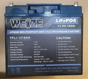 Weize 12V 18Ah Lifepo4 Lithium Battery - 5000+ Deep Cycles Rechargeable - Picture 1 of 2