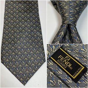 FENDI CRAVATTE  Italy Mens Tie Necktie Pure Silk Gray Chain Print EUC