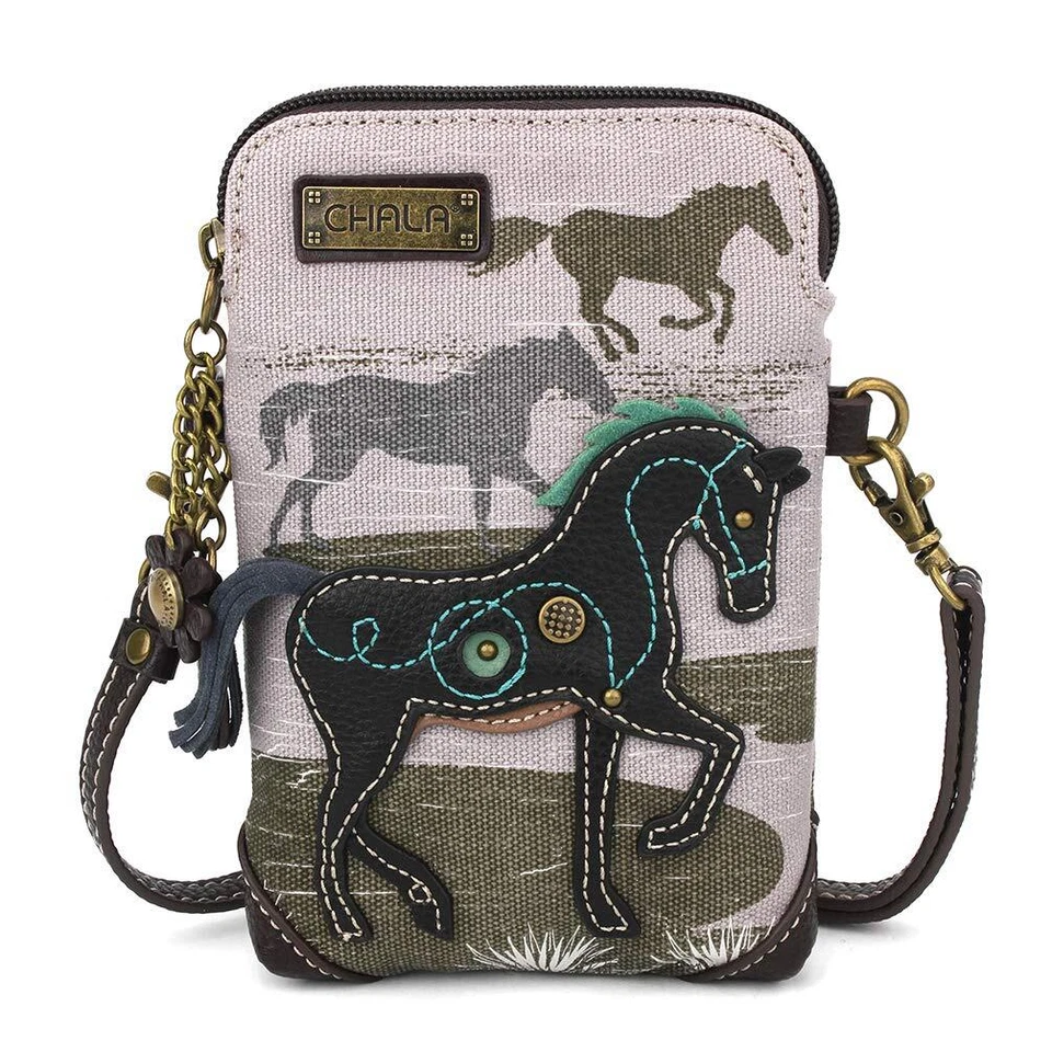Chala Safari Horse Grey Black Canvas Cell Phone Crossbody Purse