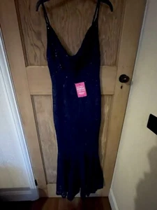 Ladies Sequinned Strappy Long Cocktail / Party Dress Navy Blue 12 NWT - Picture 1 of 23