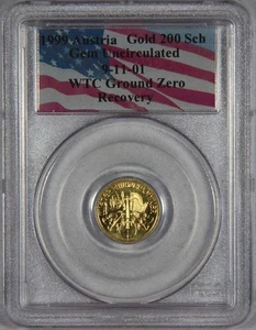 1999 Austria Gold 1/10 oz 200 Sch PCGS GEM UNC WTC Ground Zero Recovery 9-11-01 - Picture 1 of 3