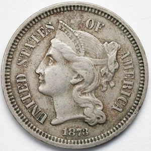 1873 Closed 3 Three Cent Nickel Piece 3c Extremely Fine (XF) - Picture 1 of 4