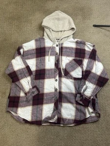 Maurice’s Plus Size 3X Cabin Buffalo Plaid Maroon Boyfriend Hooded Flannel - Picture 1 of 5