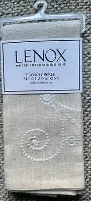 New! Pack Of 2 Lenox FRENCH PERLE Cloth NAPKINS Embroidered Natural Linen Blend - Image 1 of 3