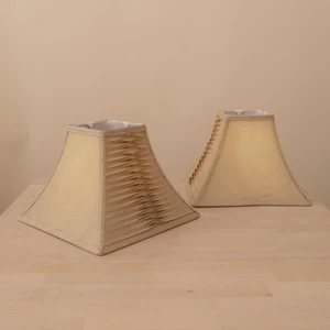Pair Vintage Pleated Fabric Lampshades Gold Square Tapered Traditional Style - Picture 1 of 8
