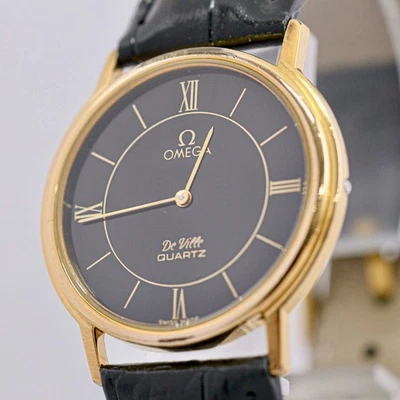Sin Tarifas *CASI COMO NUEVO* De Colección OMEGA De Ville Cal.1365 Qz Push Gold × Negro Para Hombres Foto 1 de 4