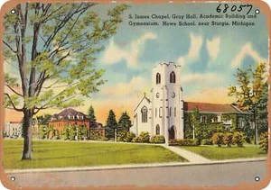 METAL SIGN - Michigan Postcard - St. James Chapel, Gray Hall, academic building - Picture 1 of 2