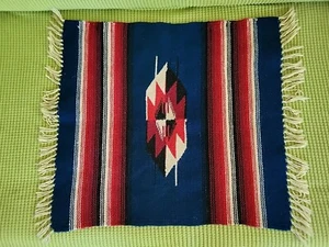 Vintage Chimayo Wool Textile Woven Mat Runner Blue Red - Picture 1 of 7