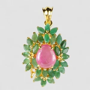 Opulent Red Ruby & Green Emerald 925 Sterling Silver 24K Gold Plated Pendants - Picture 1 of 7