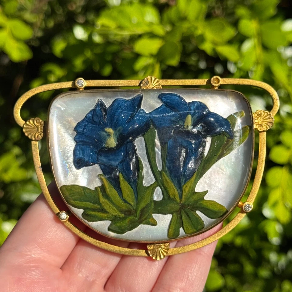 Antiguo Turriet & Bardach Austria Reverso Vidrio Pintado Flor Cinturón Hebilla Foto 1 de 4