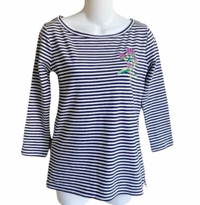 Talbots marineblau weiß gestreift Strick Top 3/4 Ärmel Blumenapplikation Baumwolle Neu mit Etikett XS - Bild 1 von 4