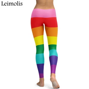 LADIES 3DPRINT RAINBOW STRIPED GOTHIC PLUS SIZE PARTY SPORT LEGGINGS GIFT SUMMER - Picture 1 of 7