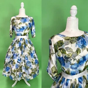 Vintage 50s/60s Blue Roses Chiffon Party Dress Fit and Flare Dress - Size M/L - Picture 1 of 10