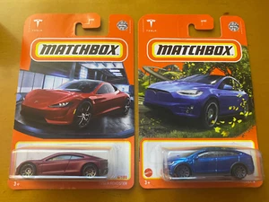 Matchbox Blue Tesla Model X & Red Roadster match box - Picture 1 of 2