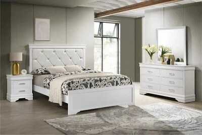 NOVO Conjunto Completo de Quarto Branco Queen King Twin 4 Peças Moderno Glam Móveis Cama/D/M/N - Imagem 1 de 4