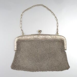 Large Antique French Sterling Silver Mesh Purse, Two Compartments, Trailing Vine