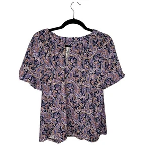 LOFT Paisley Print Top Blouse Womens Medium Short Sleeve Keyhole Button - Picture 1 of 6