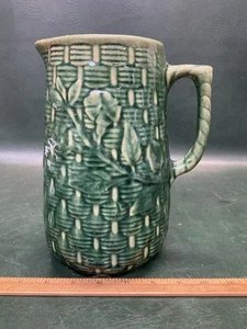 BRUSH McCOY Moring Glory Willow Basket Weave Green Glaze Pitcher 9" - Picture 1 of 13
