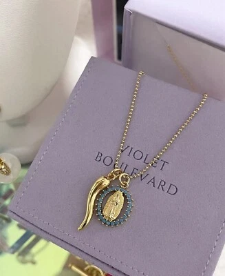 Pingente de ouro amarelo azul turquesa zircônia cúbica mãe Maria e chifre  - Imagem 1 de 4