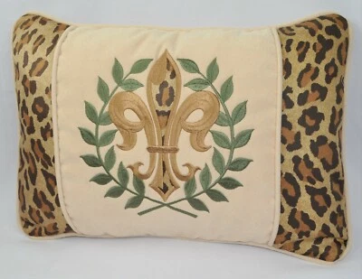 NEW Fleur De Lis  Embroidered Pillow made w Cream Faux Suede & Venetian Leopard - Image 1 of 4