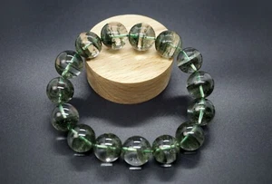 Natural Round Green Ghost Phantom Quartz Beaded Bracelet 15.5mm For Him for Her - Picture 1 of 10