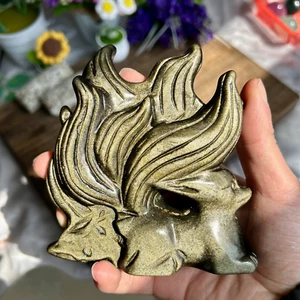 480g Natural Golden Obsidian Hand Carved Nine-tailed Fox Crystal Reiki healing - Imagen 1 de 6
