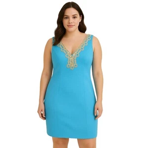 Lilly Pulitzer Gr. 00 Etuikleid ärmellos strukturiert Goldrand blau 797 - Bild 1 von 9