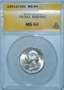 1951 D ANACS MS64 FS-101 Double Doubled Die Obverse DDO Washington Quarter - Picture 1 of 4