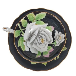 Cabbage Rose Teacup And Saucer Vintage Occupied Japan Black White Pink Gold - Picture 1 of 22