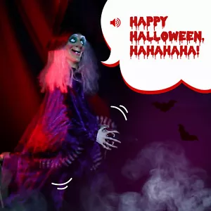 3FT Halloween Outdoor Spooky Decoration Talking Glowing Eyes Witch with Broom - Picture 1 of 8