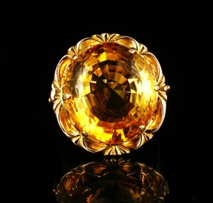 VINTAGE RETRO FINE NATURAL MADEIRA CITRINE SOLID 18K GOLD LARGE COCKTAIL RING - Picture 1 of 8