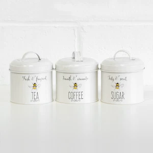 Set of 3 'Bee Happy' Tea Coffee Sugar Tins Airtight Kitchen Storage Canisters - Picture 1 of 5