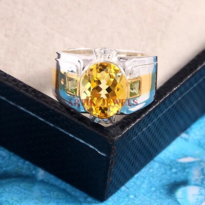 Piedras preciosas naturales de citrino y peridoto con anillo de plata de ley 925 para hombre #5790 Foto 1 de 4
