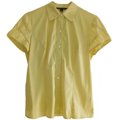 Lafayette 148 Size 4 Yellow Blue Stripe Short Sleeve Fitted Cotton Blend Blouse - Image 1 of 4