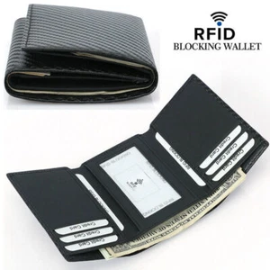 Cartera triple pliegue de grano de fibra de carbono para hombre con bloqueo RFID tarjetero de visita negra - Imagen 1 de 9