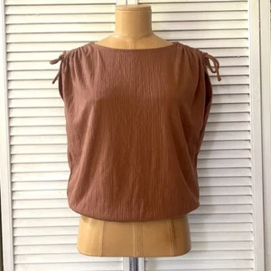 Alfani Womens Top Small Brown Crepe Boat Neck Petite Blouse Casual Spring Summer - Picture 1 of 11
