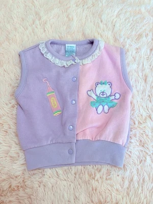 Chaleco Suéter Vintage Años 80 90 Pastel Chica Oso de Peluche y Crayón Rosa 12m Foto 1 de 2