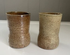 Vintage Handmade Glazed Brown Beige Pottery Cups Set Of 2 Signed MCM - Picture 1 of 6
