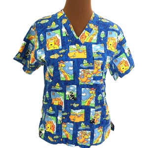 Peaches Scrub Top Blue Aquarium Fish Lions Frogs Novelty Womens Large - Picture 1 of 8