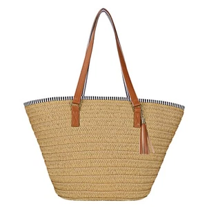 Womens Large Straw Shoulder Bag Beach Tote Handbag Purse with Tassel for Summer - Picture 1 of 7
