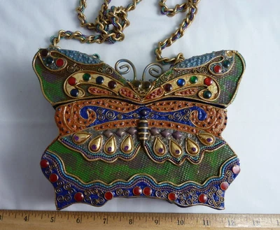 Vintage MARY FRANCES? Butterfly Box Purse, Paper Mache Y2K Blue Gold Chain Strap - Image 1 of 4