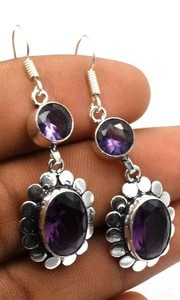 Orecchini Pendenti Etnici Fatti A Mano In Gemma Di Ametista Gioielli ER 119 - Foto 1 di 3