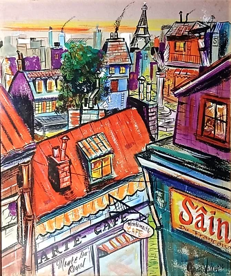 FAB! LISTED AMERICAN GARY VISKUPIC SIGNED ORIG GOUACHE COLORFUL PARIS ROOFTOPS - Image 1 of 4
