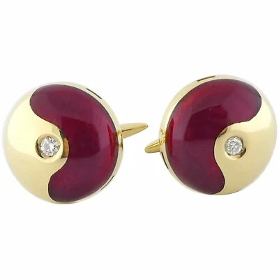 Gemelos italianos de oro amarillo de 18 quilates, esmalte rojo y diamantes | 14 gramos Foto 1 de 4