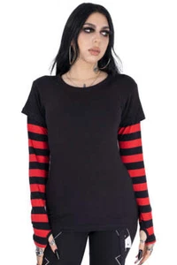 Poizen Industries Menace Top 2 in 1 Gothic Punk Stripe Sleeve Thumb Hole S M XL - Picture 1 of 14