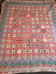 Vintage 1930's Nine Patch on Point Hand Pieced & Quilted Full Feedsack Quilt - Picture 1 of 4
