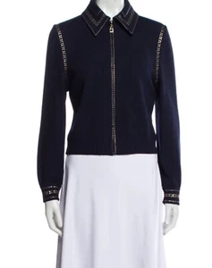 St John Collection Sequins Knit Zip Cardigan Sweater made in USA Sz 10 Navy - Picture 1 of 10