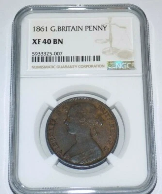 NGC GREAT BRITAIN 1861 PENNY XF 40 BN XF40BN England Certified Graded Coin  - Image 1 of 4