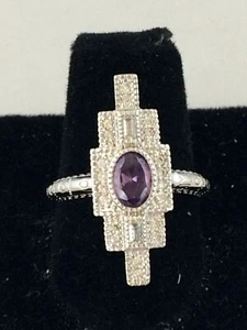 .925 SILVER PLATED RHODIUM OVAL CUT AMETHYST RING SIZE 8 - Picture 1 of 2